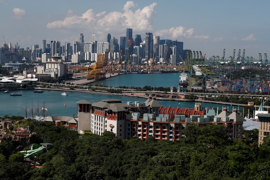 A view of Sentosa island and the skyline of the central business district.