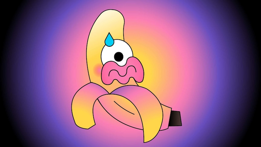 Illustration of a distressed banana character experiencing self-doubt because it has imposter syndrome.