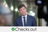Angus Taylor speaks to camera between two silhouetted figures. VERDICT: Checks out with a green tick