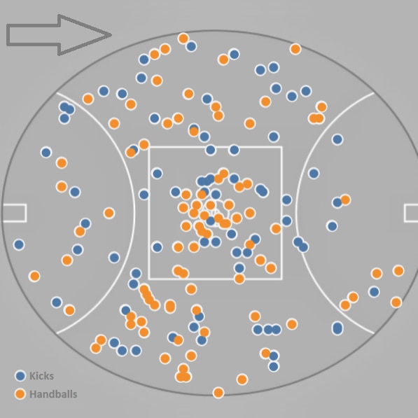 Un mapa de calor con puntos naranjas y azules.