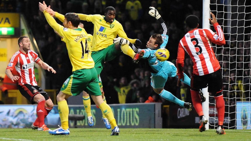 Norwich City's Sebastein Bassong (C) opens the scoring against Sunderland.