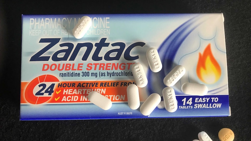 A box of medication Zantac.