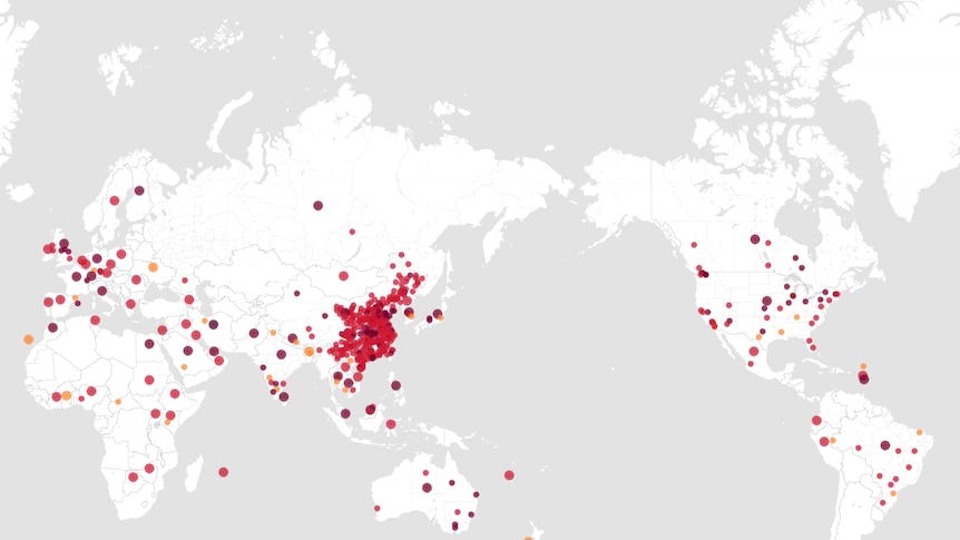 A world map with dots representing activity related to the coronavirus, most dots are concentrated around mainland China.