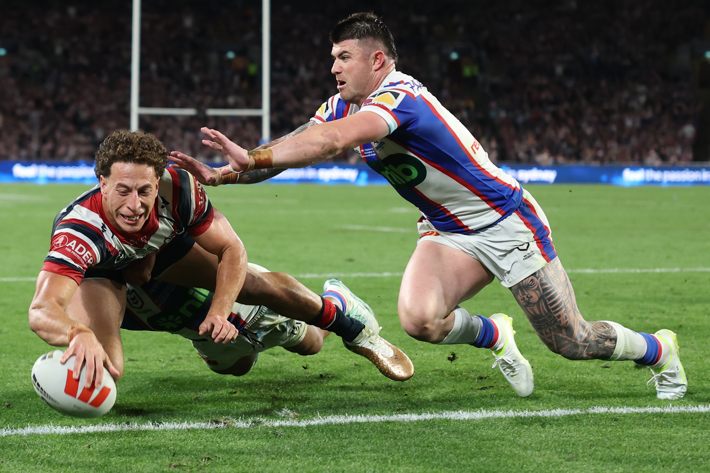 Mark Nawaqanitawase scores a try in the 2026 NRL grand final.