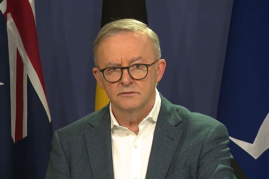 Anthony Albanese in a suit and glasses in front of australian, indigenous and torres strait island flags