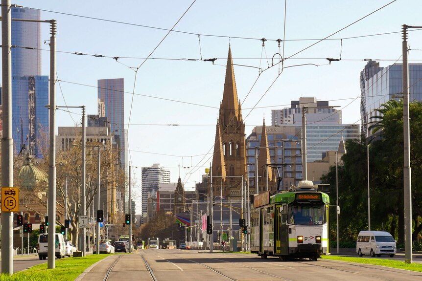A tram travelling through the Melbourne CBD
