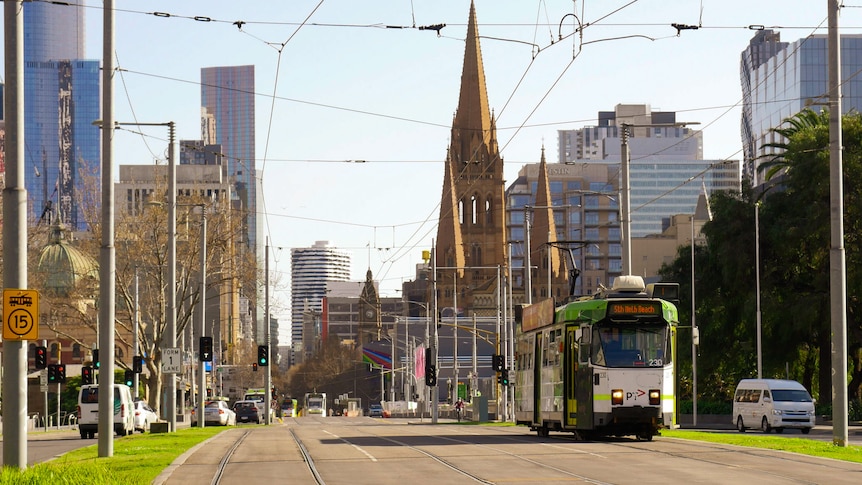 A tram travelling through the Melbourne CBD