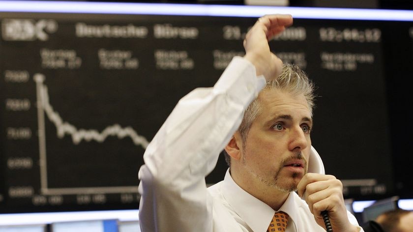 Stock trader Dirk Mueller gestures at Frankfurt/Main's stock exchange