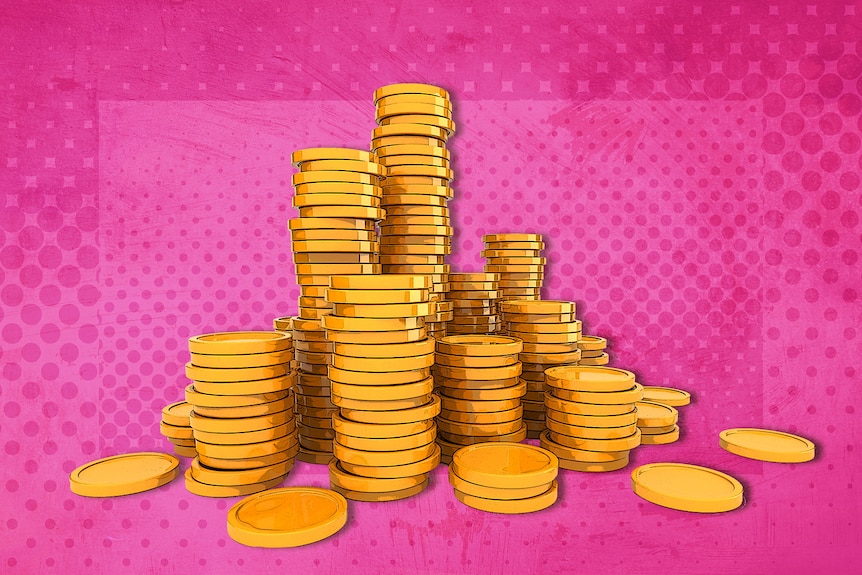 Stack of gold coins on a pink background