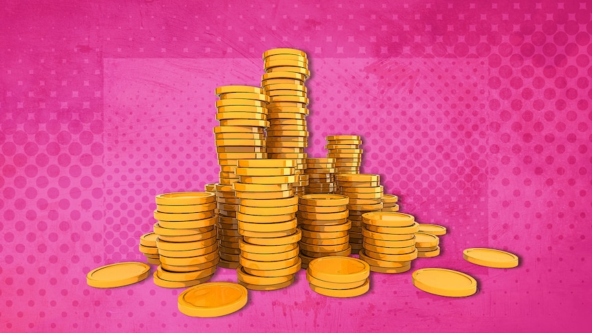 Stack of gold coins on a pink background