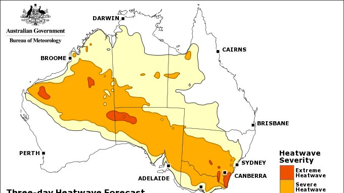 Heatwave forecast showing heatwave conditions from Tasmania to northern Western Australia.