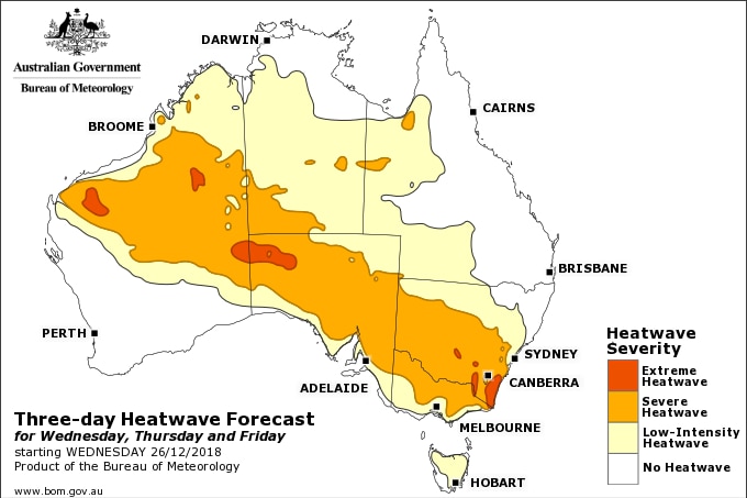 Heatwave forecast showing heatwave conditions from Tasmania to northern Western Australia.