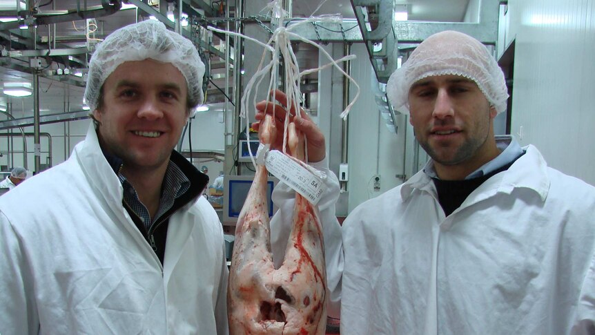 Ben Willis and Tom Shannon from Argyle Prestige Meats in Bomaderry, NSW stand next to a carcass hanging in the plant.