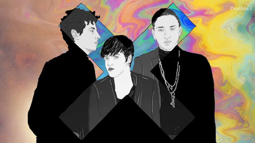 An illustration of English electro-pop trio The xx featuring Jamie xx, Romy Madley-Croft and Oliver Sim