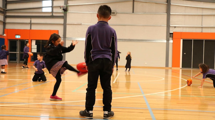 A shot of children playing sport in a gymnasium, a boy faces away from the camera.