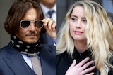 A composite image of Depp in sunglasses and Heard with blonde hair.
