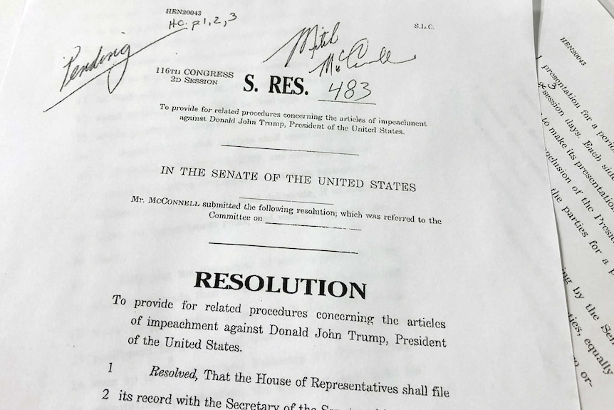 A photo of US Senate Resolution 483, signed by Mitch McConnell