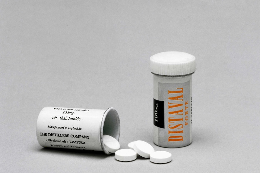 Two containers of 12 x 100 mg Distaval Forte, containing 100 mg of thalidomide per tablet.