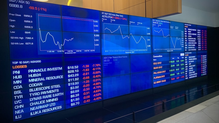Giant screens at the ASX in Sydney, showing the market has fallen sharply.