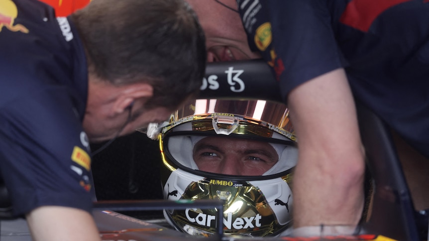 Max Verstappen in the garage at Red Bull