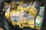 Thick bundles of 50 and 100 dollar notes sit stuffed inside a duffel bag