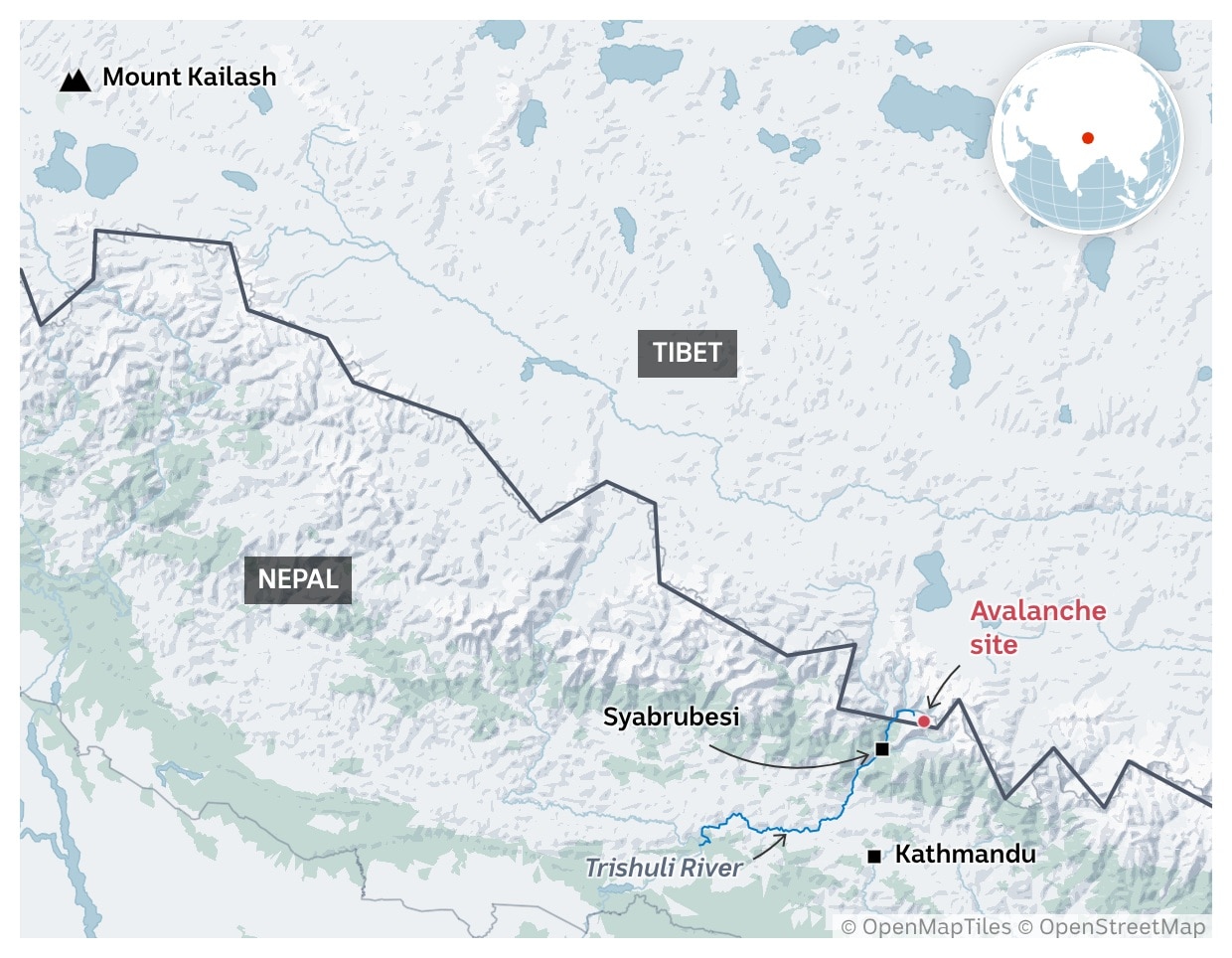 A map of the Nepal-Tibet border with key locations marked.