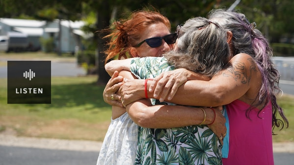 Christine Brown hugs her mum Kay and sister Stephanie. Has Audio.