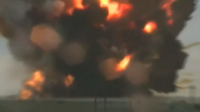 A Russian rocket explodes on launch from a cosmodrome in Kazakhstan (video still).