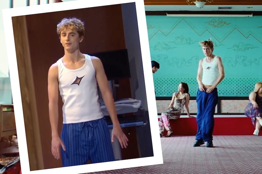 A comparison image of Timothee Chalamet on SNL as Troye Sivan, and the singer in the Got Me Started music video.