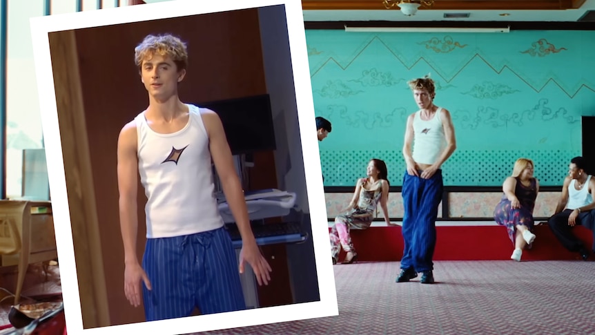 A comparison image of Timothee Chalamet on SNL as Troye Sivan, and the singer in the Got Me Started music video.