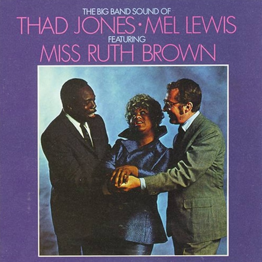 A colour photo of Thad Jones (L), Ruth Brown (C) and Mel Lewis (R)