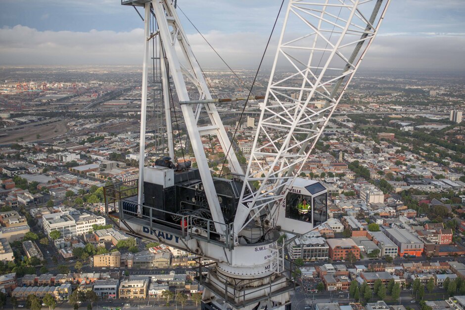 Andy in the crane cabin above Melbourne.