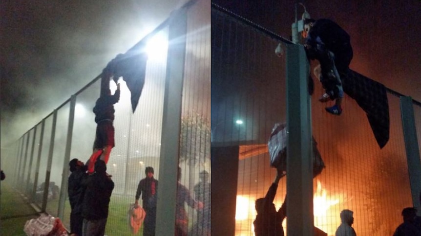 A composite image shows detainees climbing fences inside the centre.