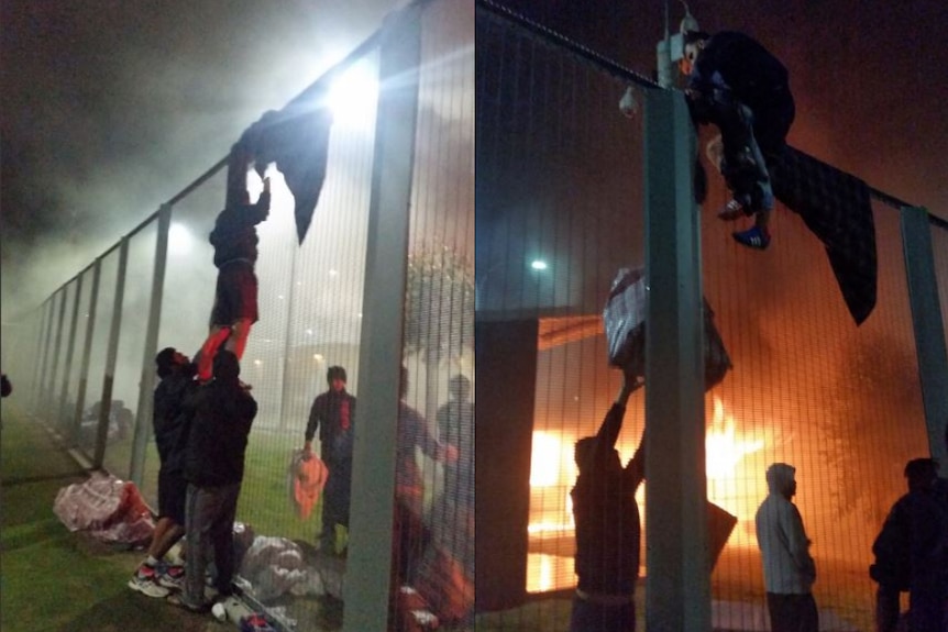 A composite image shows detainees climbing fences inside the centre.