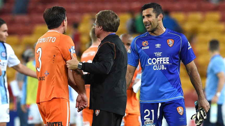 Brisbane Roar team-mates Shane Stefanutto and Jamie Young have to be separated after the loss to Melbourne City
