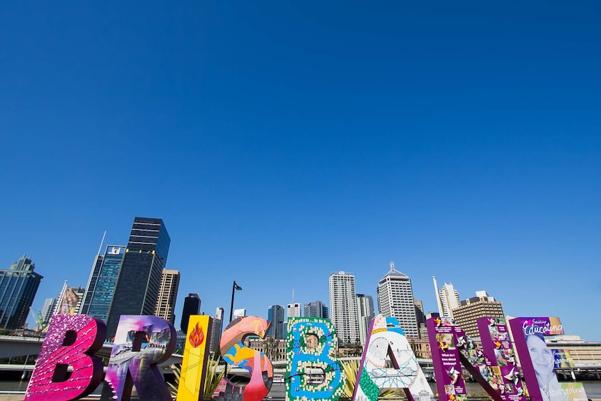 The Brisbane sign stands high long the river at South Bank with the city vista in the distance in October 24, 2014.