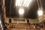 Water is seen leaking through the roof of the British House of Commons on April 5, 2019.
