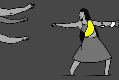 A black, grey and yellow animated illustration of a woman with long black hair being pulled by arms in different directions.