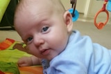 Baby Alec McDonald on his playmat, looking at the camera