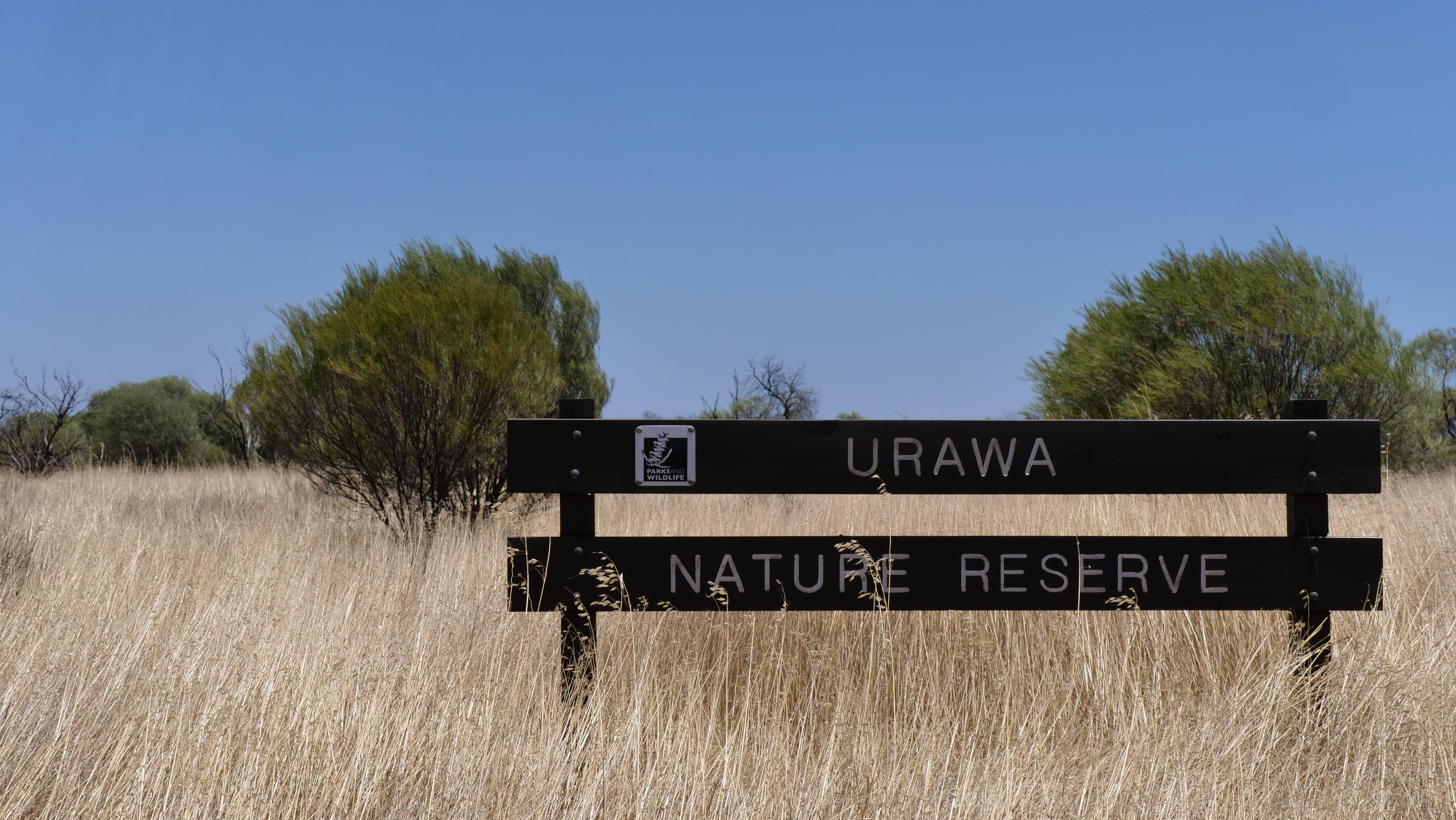 Un cartel de la Reserva Natural de Urawa se encuentra en la hierba alta y seca.