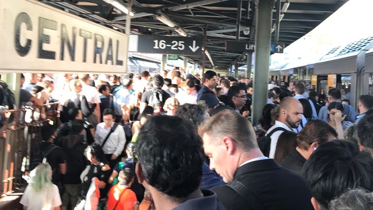 A crown of people on a train platform