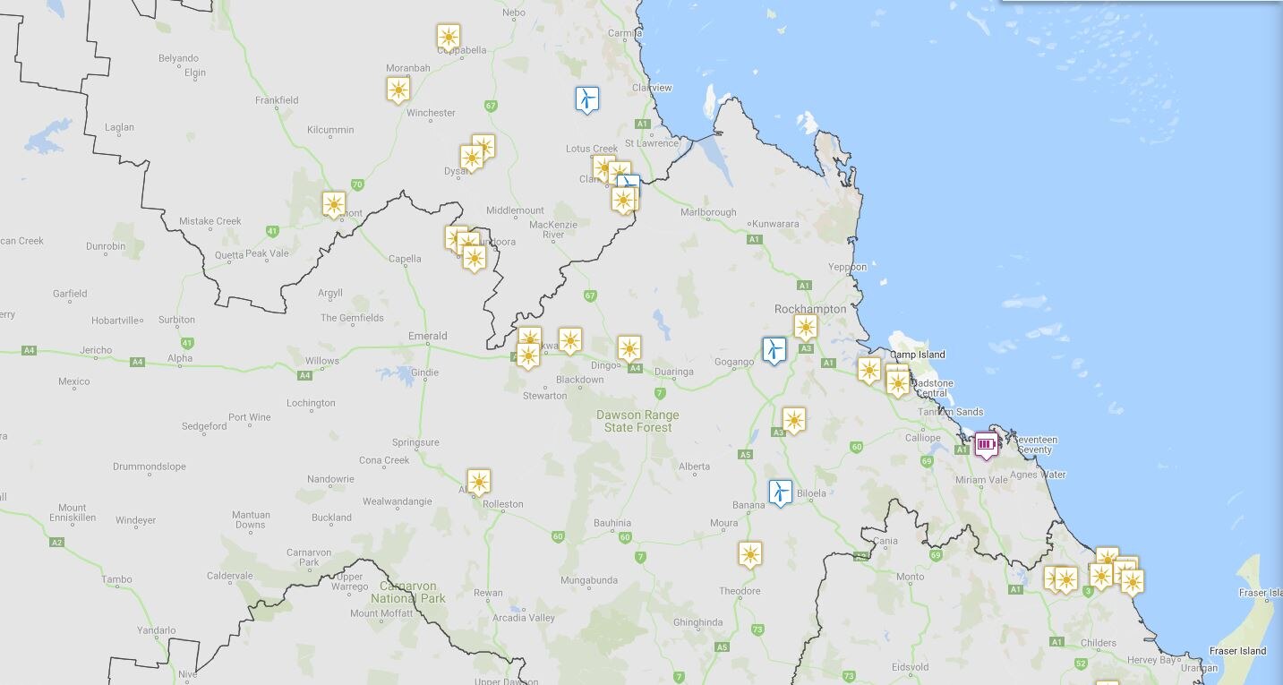 A map shows many places in the region with solar parks, marked as suns, and a few places with wind farms, marked with a fan.