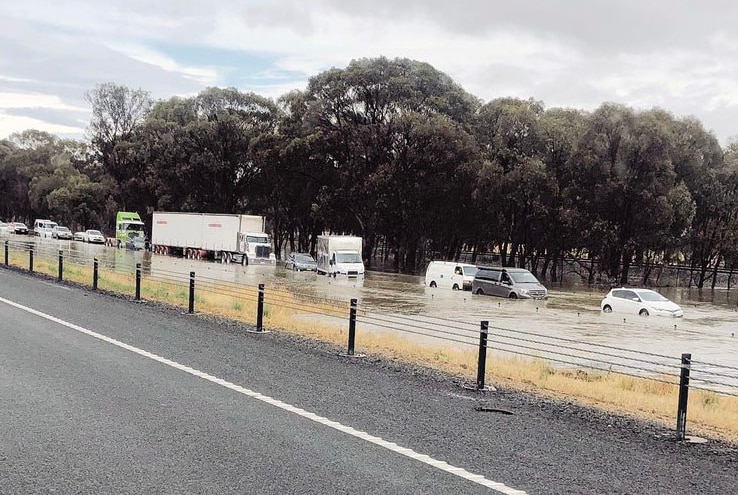 Cars stopped on the Hume Freeway in flood waters.