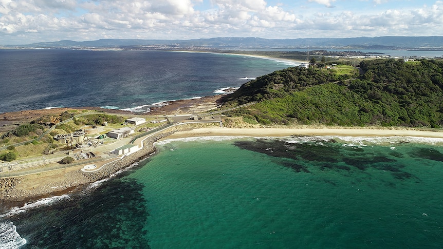 An aerial view of the Sydney water Board's seawall at Port Kembla