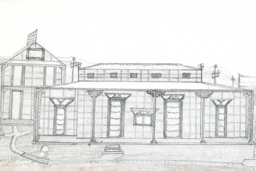 Hand-sketched drawing of low colonial buildings. Simple but architectural.