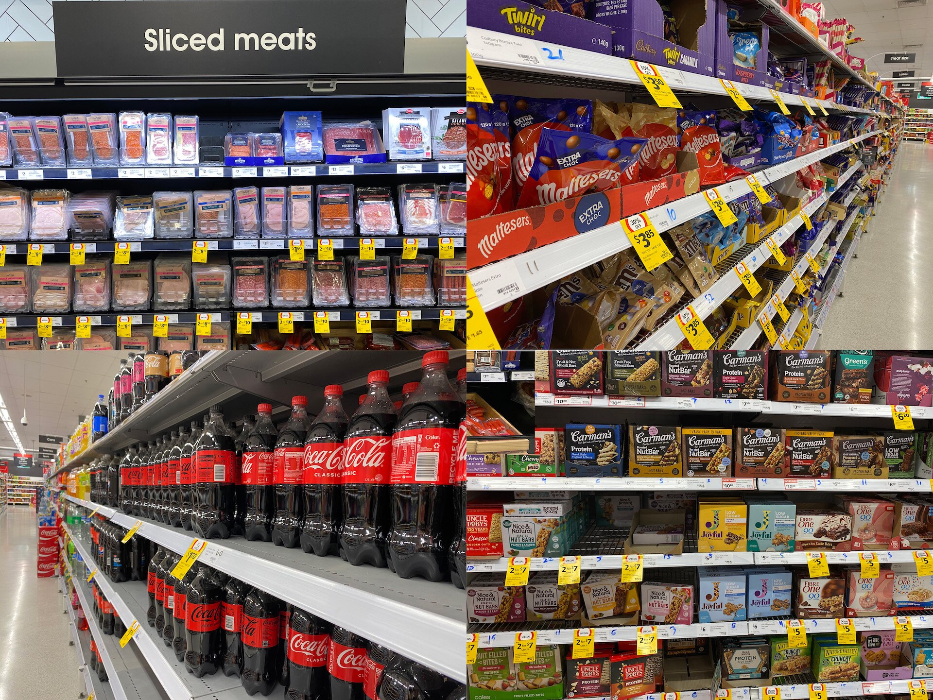 The health food aisle at a chain supermarket with soft drinks, processed meat for sale