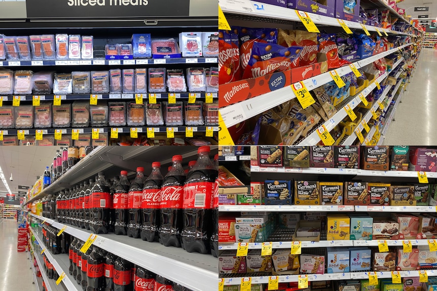 The health food aisle at a chain supermarket with soft drinks, processed meat for sale