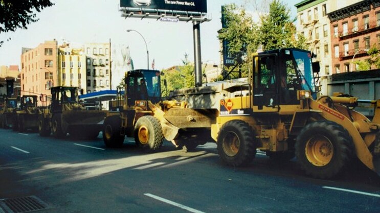 Bulldozers line up on their way to the World Trade Centre site after the September 11, 2001 attacks.