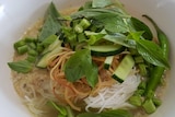 Khmer noodle soup, or num banh chok, is a popular local dish in Cambodia.