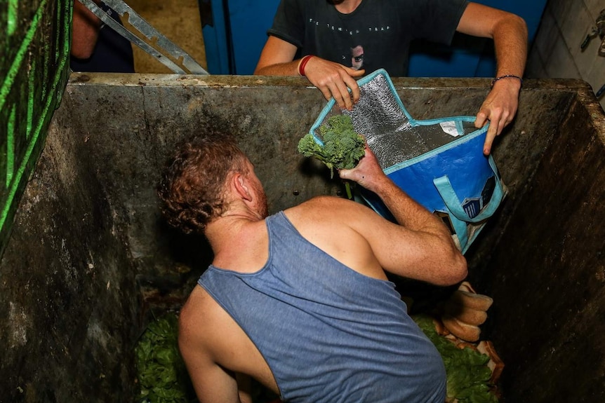 Two men rifle through a dumpster behind a grocery store, one of them is putting broccoli found in the dumpster into a bag